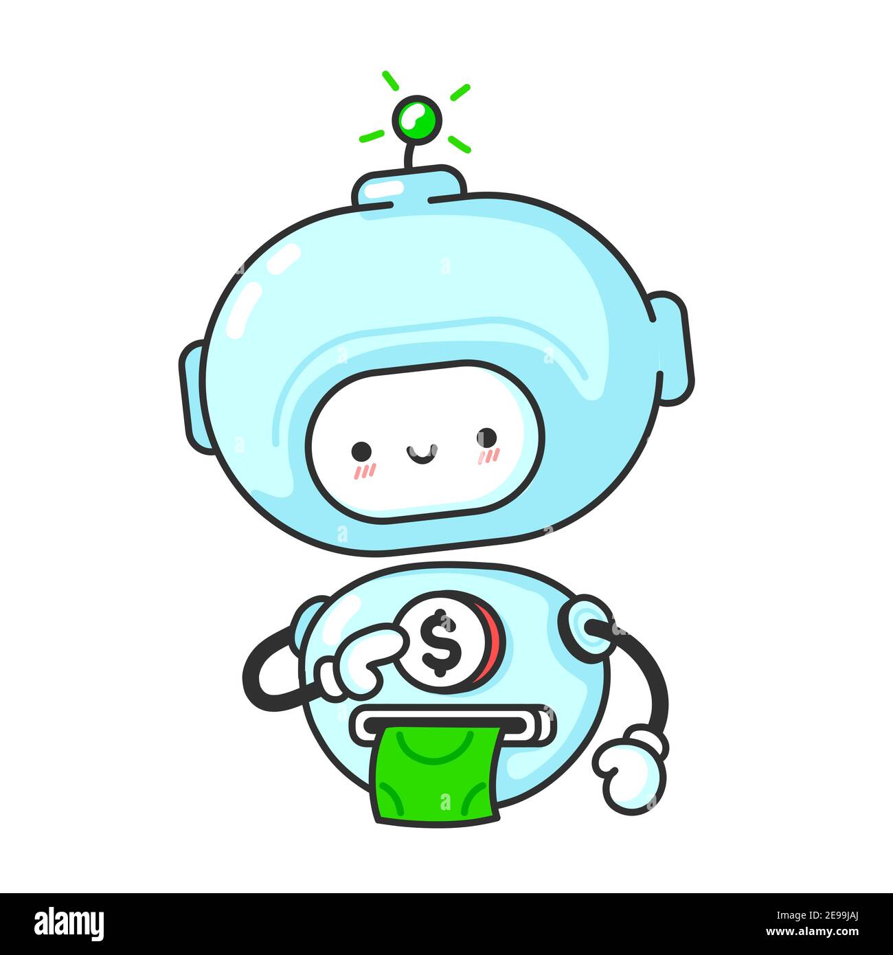 Lustige niedlichen Roboter, Chat bot druckt Geld. Vektor flache Linie Cartoon kawaii Figur Illustration Symbol. Isoliert auf weißem Hintergrund. Roboter, bot Maskottchen Charakter Konzept Stock Vektor