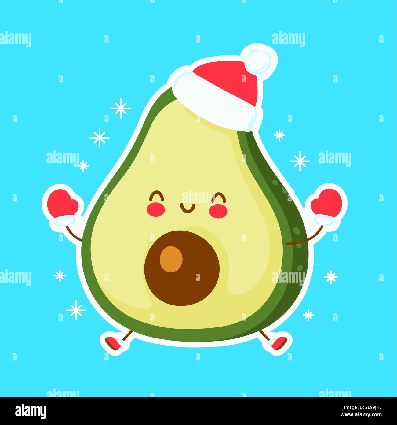 Nette glücklich lustige weihnachten Avocado. Vektor Cartoon Charakter Hand gezeichnet Stil Illustration. Weihnachten, Neujahrskonzept Stock Vektor