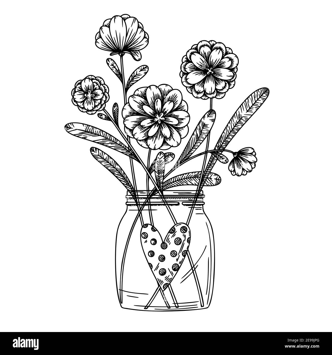 Blumen in einem Glas. Bouquet isoliert auf weißem Hintergrund. Vektorgrafik im Skizzenstil. Stock Vektor
