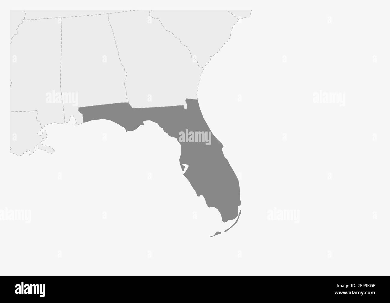Karte der USA mit hervorgehobener Florida-Karte, graue Karte des US-Bundesstaates Florida mit Nachbarländern Stock Vektor