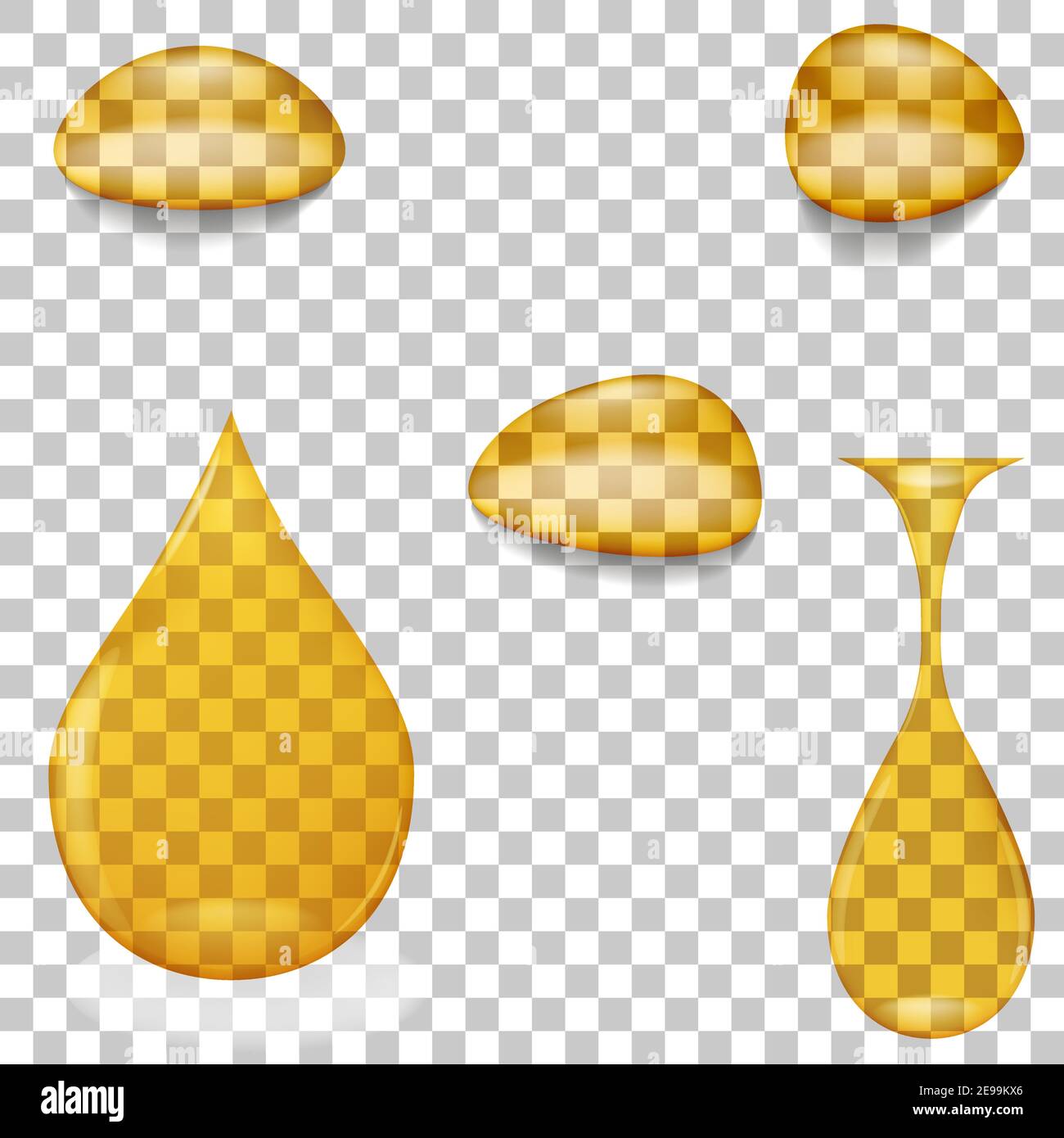 Transparenter Öltropfen isoliert auf quadratischen Hintergrund. Symbol des gelben Tropfens. Stock Vektor