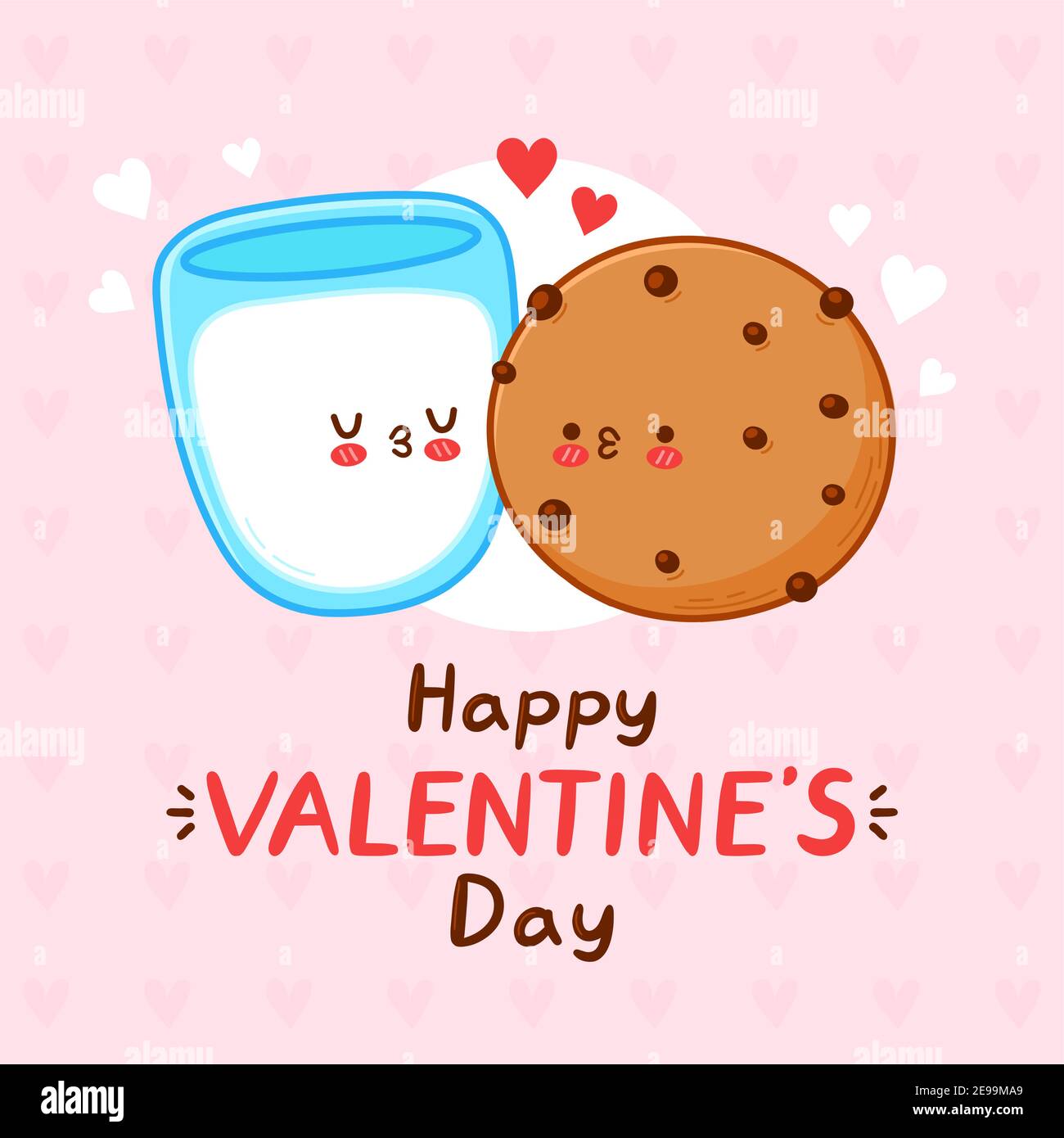 Nette lustige Plätzchen und Milchglas Paar. Happy Valentines Tageskarte. Vektor flache Linie Cartoon kawaii Figur Illustration Symbol. Valentinstagskonzept Stock Vektor