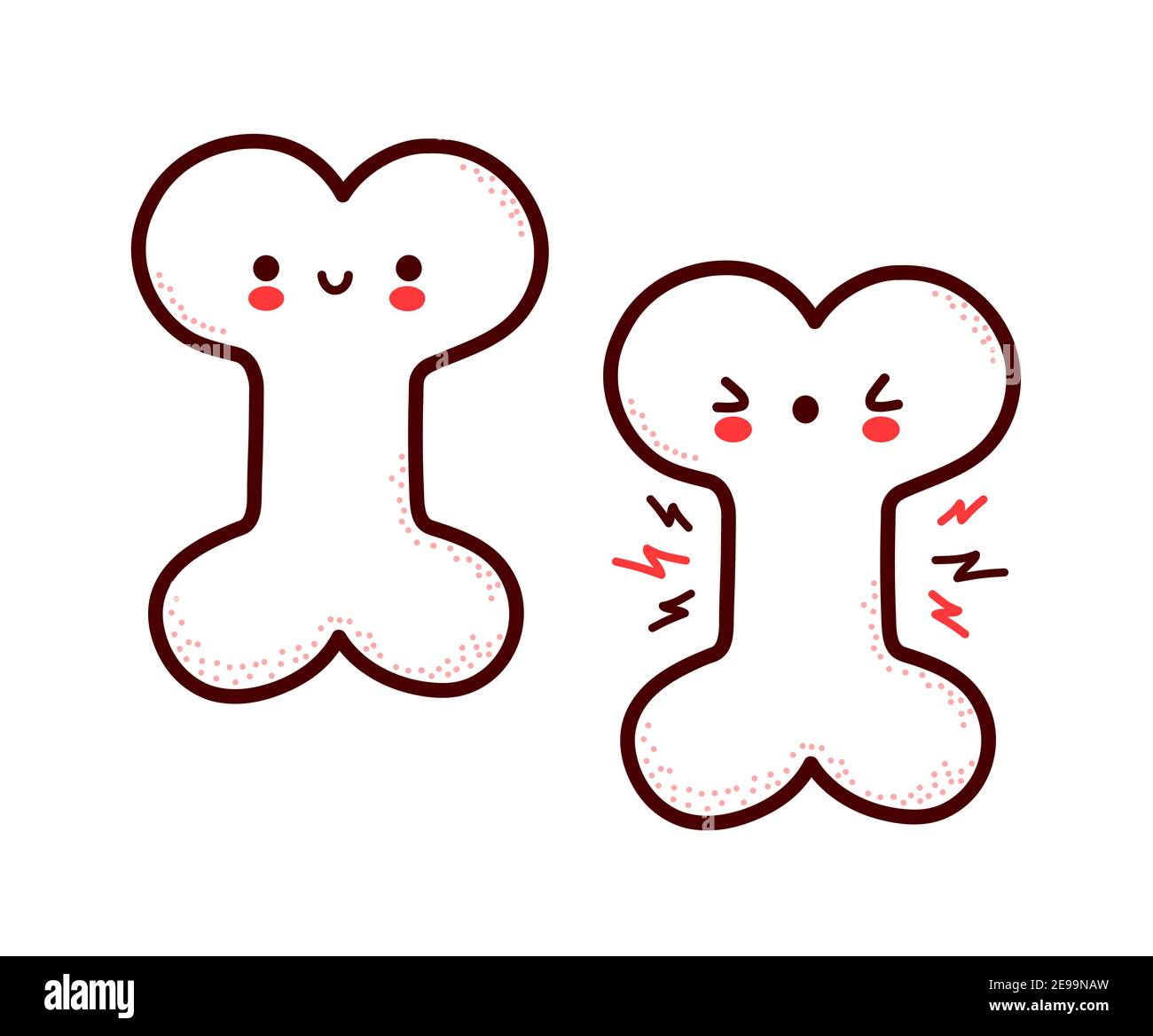 Nette gesunde und kranke traurige lustige menschliche Knochen Organ Charakter. Vektor flache Linie Cartoon kawaii Figur Illustration Symbol. Isoliert auf weißem Hintergrund. Knochen mit Gesicht Charakter Maskottchen Konzept Stock Vektor