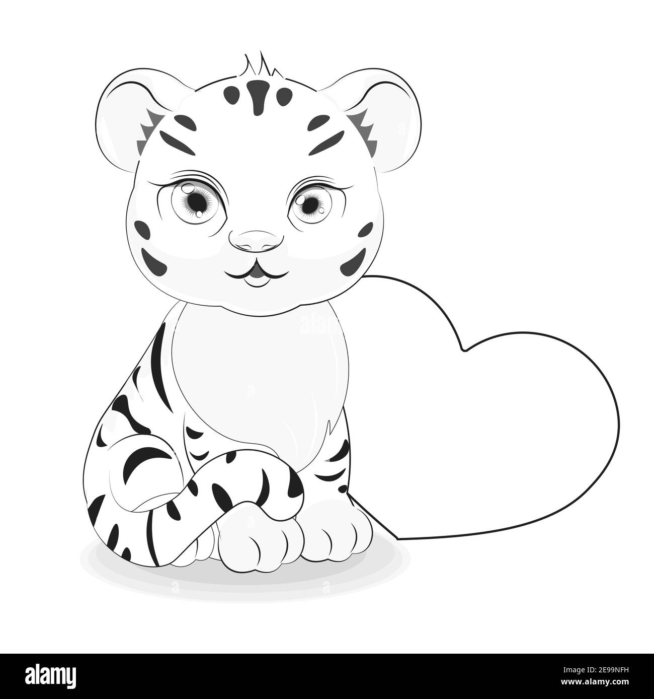 Malbuch Tiger Symbol 2022, 2034 Neujahr mit Herz, Bild in der Hand Zeichnung Cartoon-Stil, für T-Shirt tragen Mode-Druck-Design, Grußkarte Stock Vektor