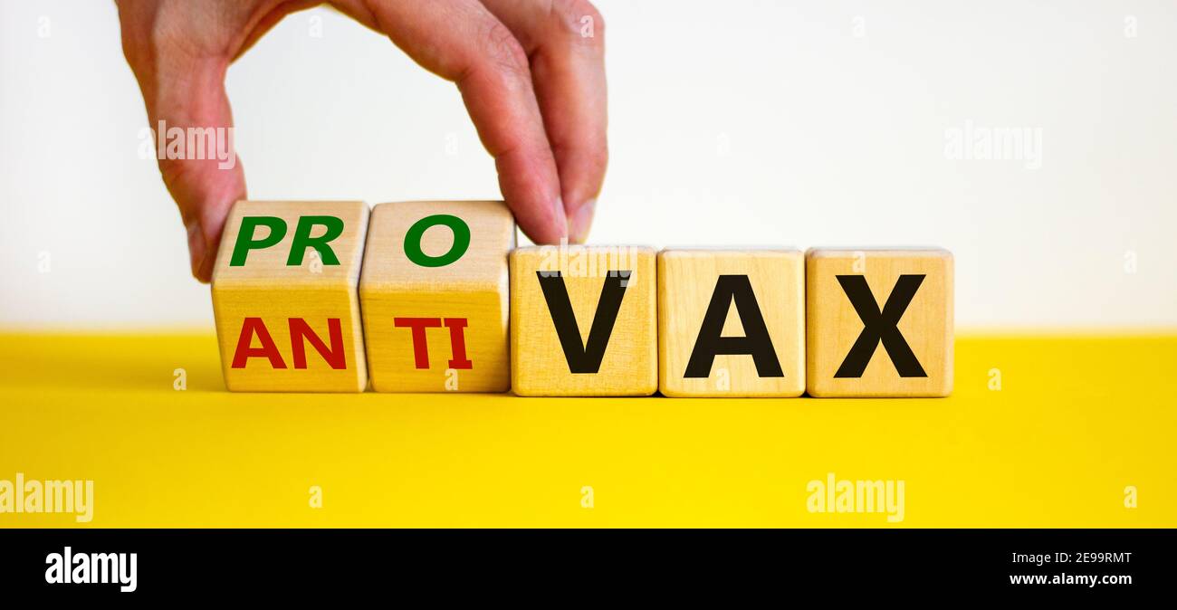 Pro-vax- oder Anti-vax-Symbol. Der Arzt dreht einen Würfel, ändert die Worte „Anti-vax“ in „Pro-vax“. Schöner gelber Tisch, weißer Hintergrund. Speicherplatz kopieren. Unternehmen Stockfoto