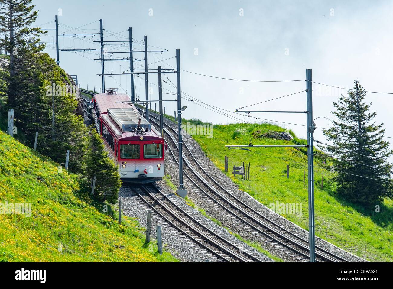 Rigi, Schweiz - Juni 23rd 2019: Zahnradbahn, die vom Gipfel absteigt Stockfoto