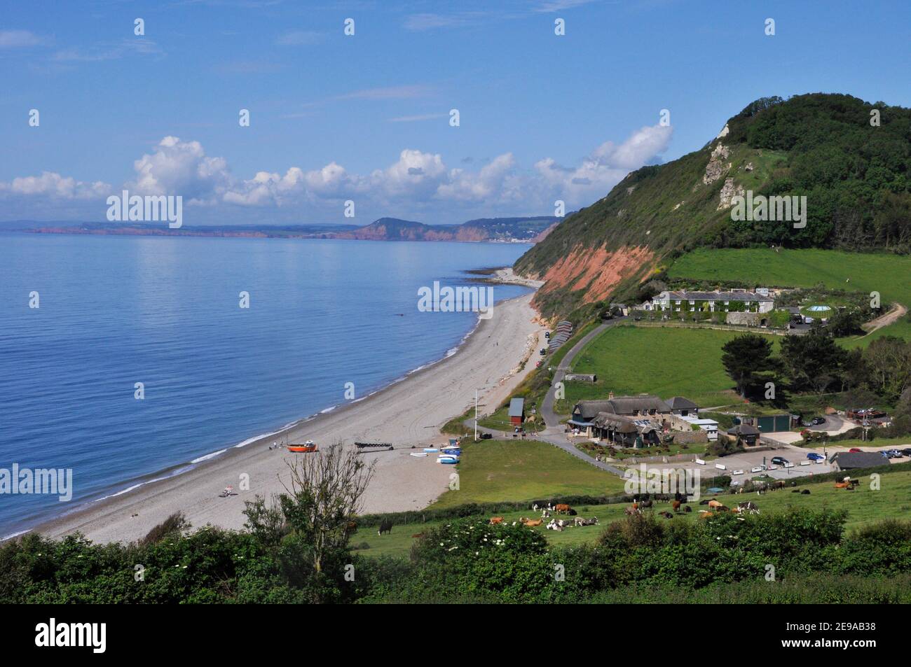 Blick nach Westen entlang der Jurrassischen Küste mit dem Küstenort Branscombe im Vordergrund.Devon. VEREINIGTES KÖNIGREICH Stockfoto