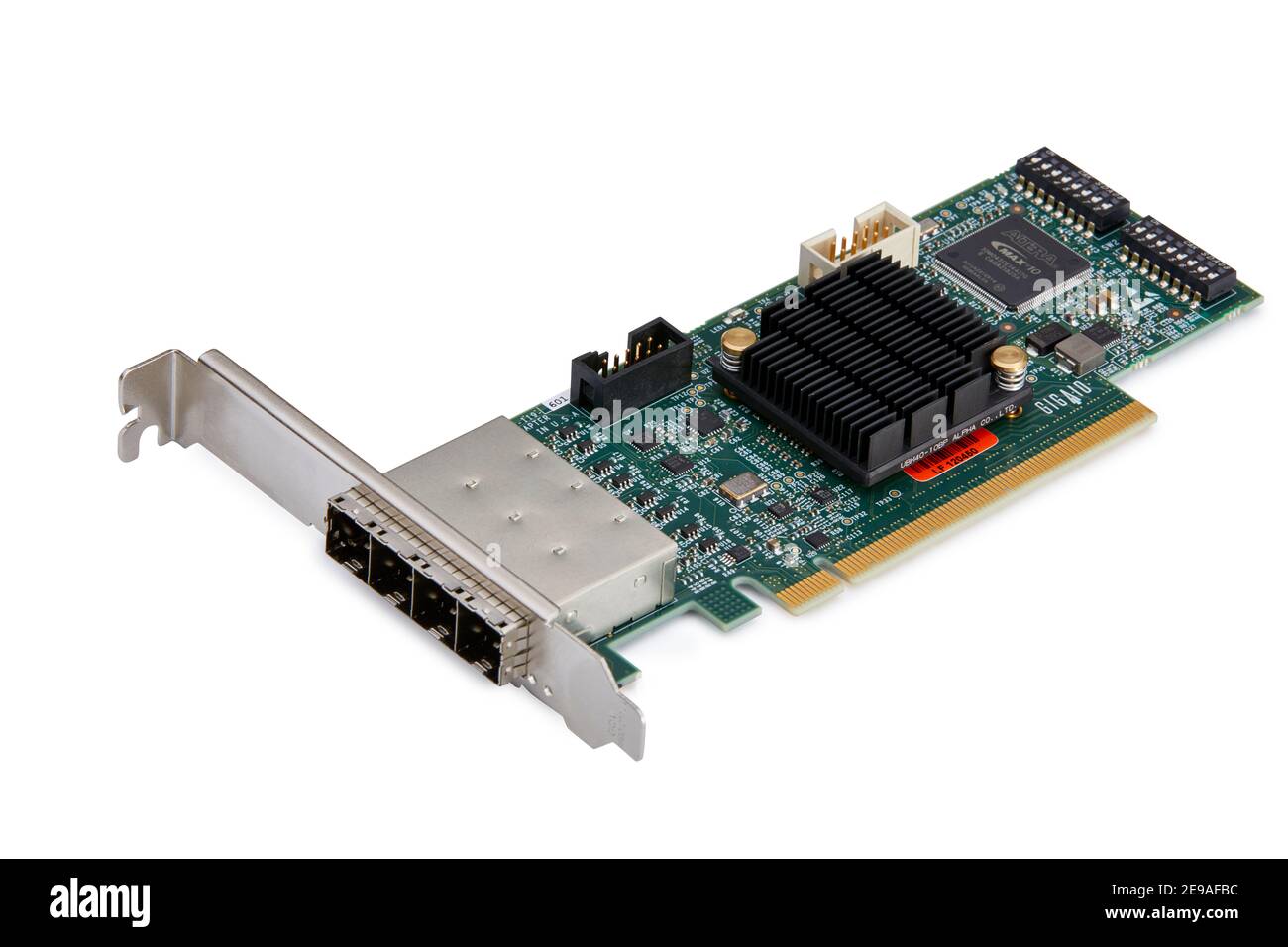 IT Hardware Server interne Grafik- oder Datenkarte mit Leiterplattenausschnitt auf weißem Hintergrund Stockfoto