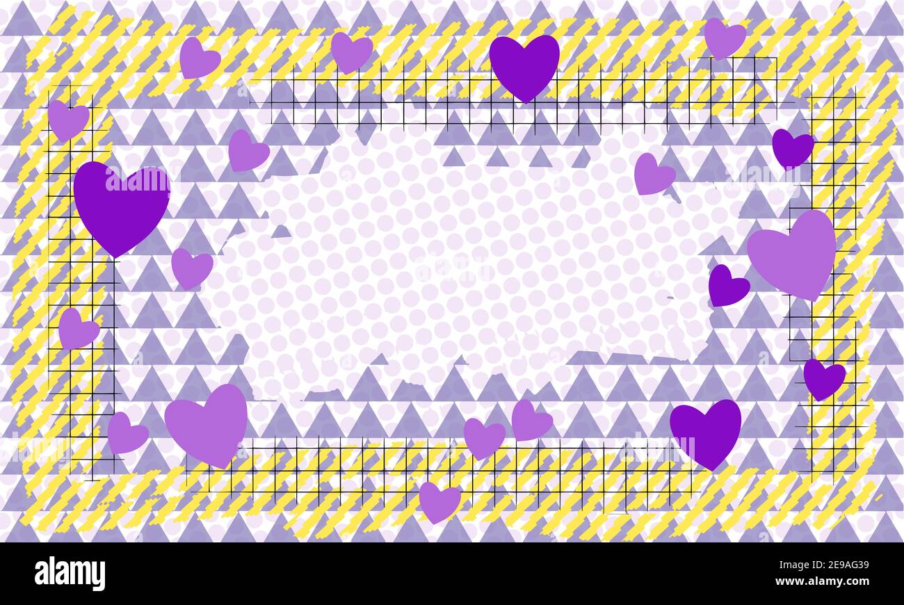 Rechteckiger Rahmen mit einem Muster aus Dreiecken, Linien, Herzen und Kreisen mit Platz für den Text. Vorlage für Glückwunschkarte zum Valentinstag Stock Vektor