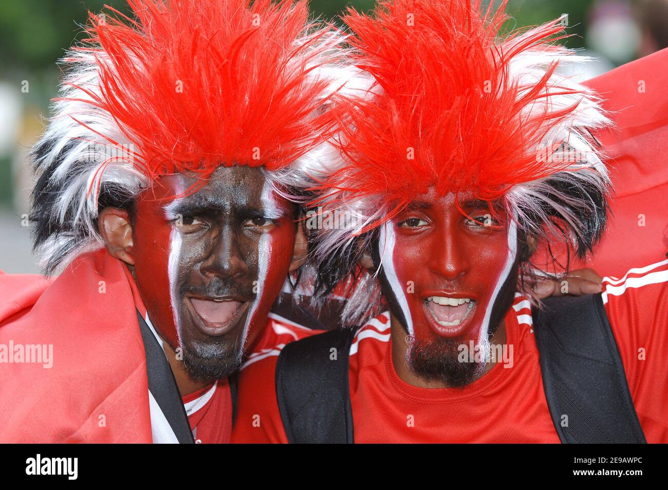 Trinidad und Tobagos Fans vor der WM 2006, Gruppe B, England gegen Trinidad und Tobago Spiel in Nürnberg, Deutschland am 15. Juni 2006. Foto von Gouhier-Hahn-Orban/Cameleon/ABACAPRESS.COM Stockfoto