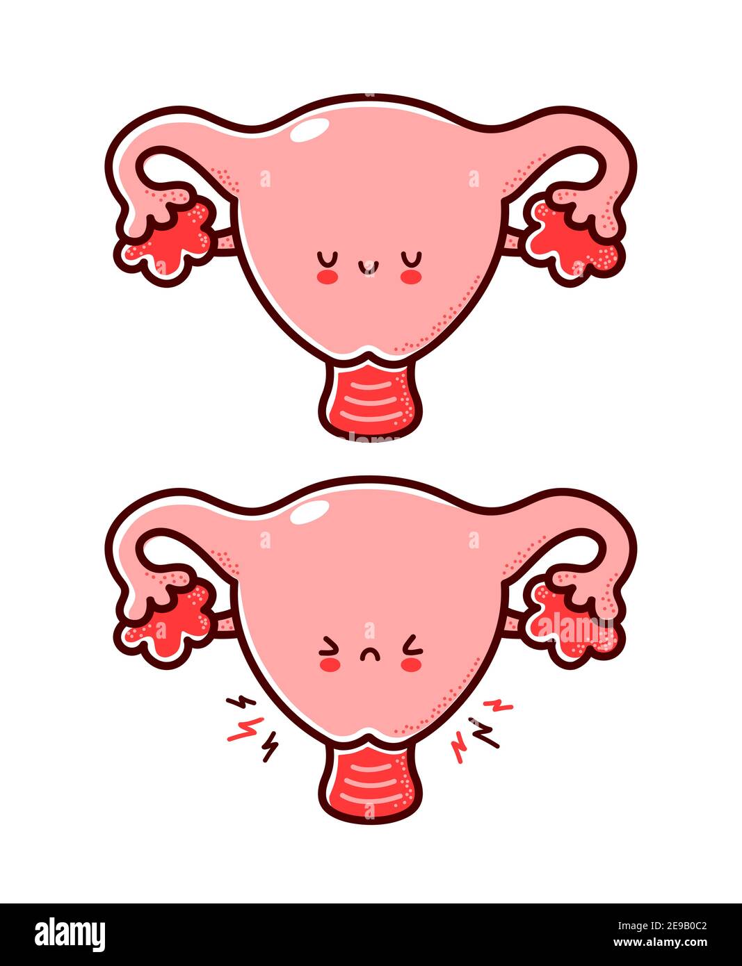 Nette gesunde und kranke traurig lustige menschliche Gebärmutter Organ Charakter. Vektor flache Linie Cartoon kawaii Figur Illustration Symbol. Isoliert auf weißem Hintergrund. Uterus mit Gesicht Charakter Maskottchen Konzept Stock Vektor