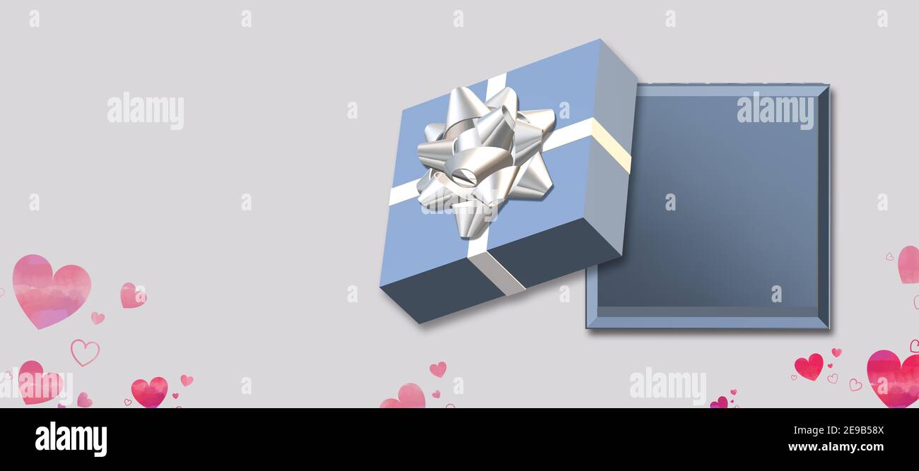Öffnen Sie die blaue Geschenkbox von oben. Love Geschenkbox mit herzförmigen Konfetti auf pastellfarbenem Hintergrund. Liebe, Valentinstag, Geburtstag, Muttertag, Weihnachten, New Yea Stockfoto