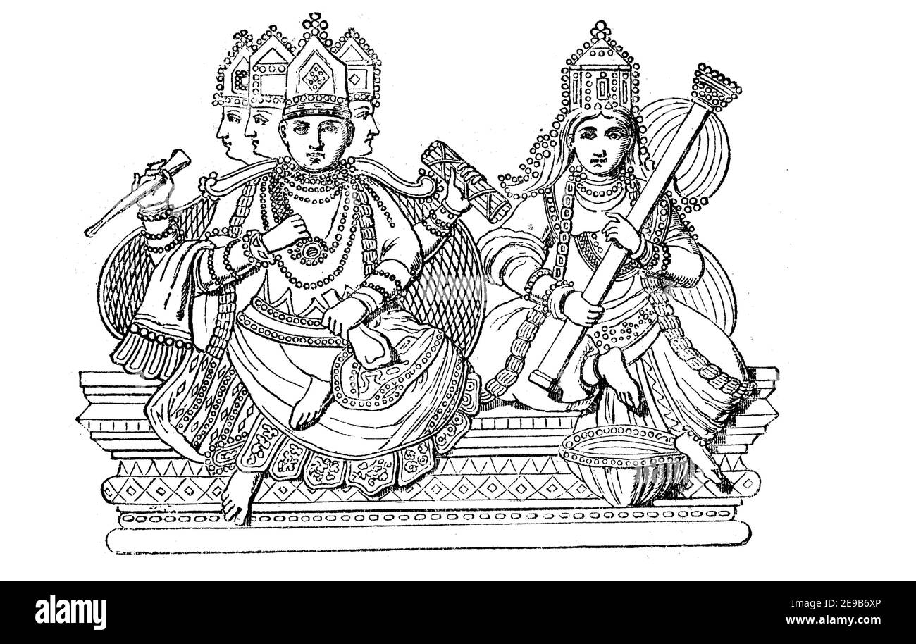 Brahma, einer der wichtigsten Götter im Hinduismus, Und Saraswati, indische Göttin der Weisheit und Gelehrsamkeit / Brahma, einer der Hauptgötter im Hinduismus, und Saraswati, indische Göttin der Weisheit und Gelehrsamkeit, Historisch, historisch, digital verbesserte Reproduktion eines Originals aus dem 19th. Jahrhundert / digitale Reproduktion einer Originalvorlage aus dem 19. Jahrhundert, Stockfoto