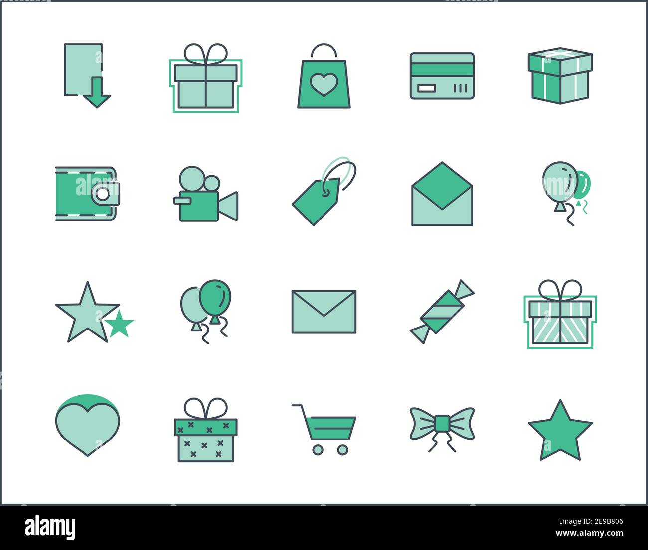 Set von Geschenken, Vektorlinien-Symbole. Enthält Symbole Geschenkkarten, Bänder und mehr. Bearbeitbare Kontur. 32 x 32 Pixel. Stock Vektor
