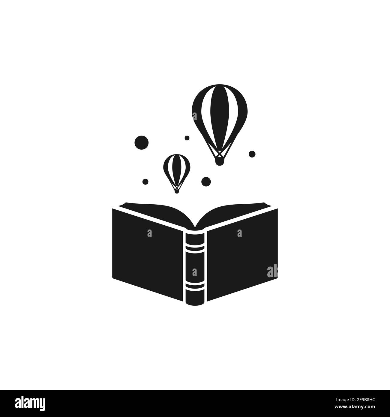 Schwarz offenes Buch mit Luftballons auf weißem Hintergrund. Vektor flachbild Abbildung. Magie Märchen lesen Logo. Imagination und Inspiration pi Stock Vektor
