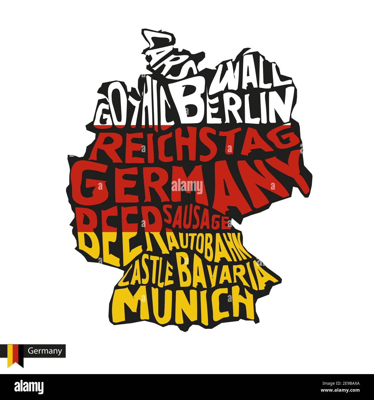 Typografie Karte Silhouette von Deutschland in schwarz und Flagge Farben. Vektorgrafik. Stock Vektor