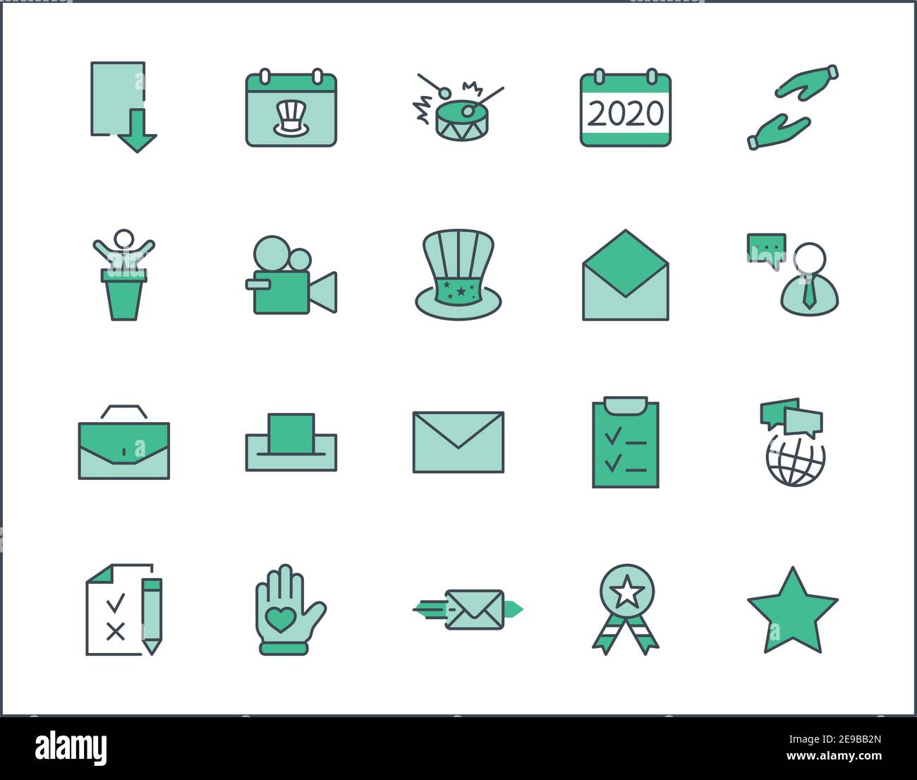 Symbole Für Die Tageswerte Der Internationalen Präsidenten. Enthält Symbole wie "hat", "President", "Voting", "USA", "Flag", "Wahlen", "Government", "Ballot", "Box" Stock Vektor