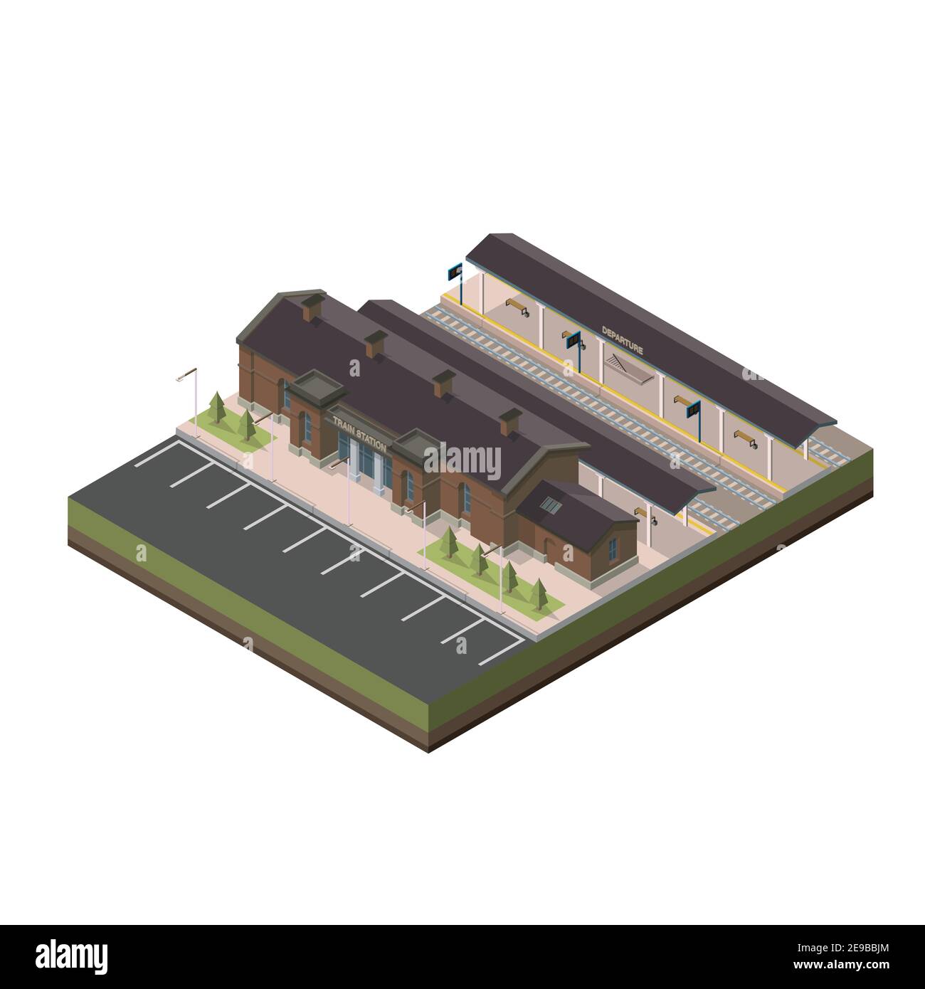 Bahnhof isometrisch. Vektor isometrisches Element, das Bahnhof (Zug) mit Parkplatz und Fahrgastplattform darstellt. Stock Vektor