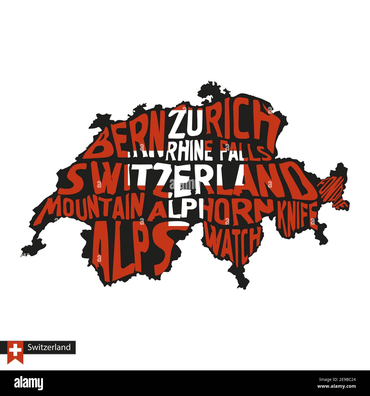 Typografie Karte Silhouette der Schweiz in Schwarz und Fahnenfarben.  Vektorgrafik Stock-Vektorgrafik - Alamy