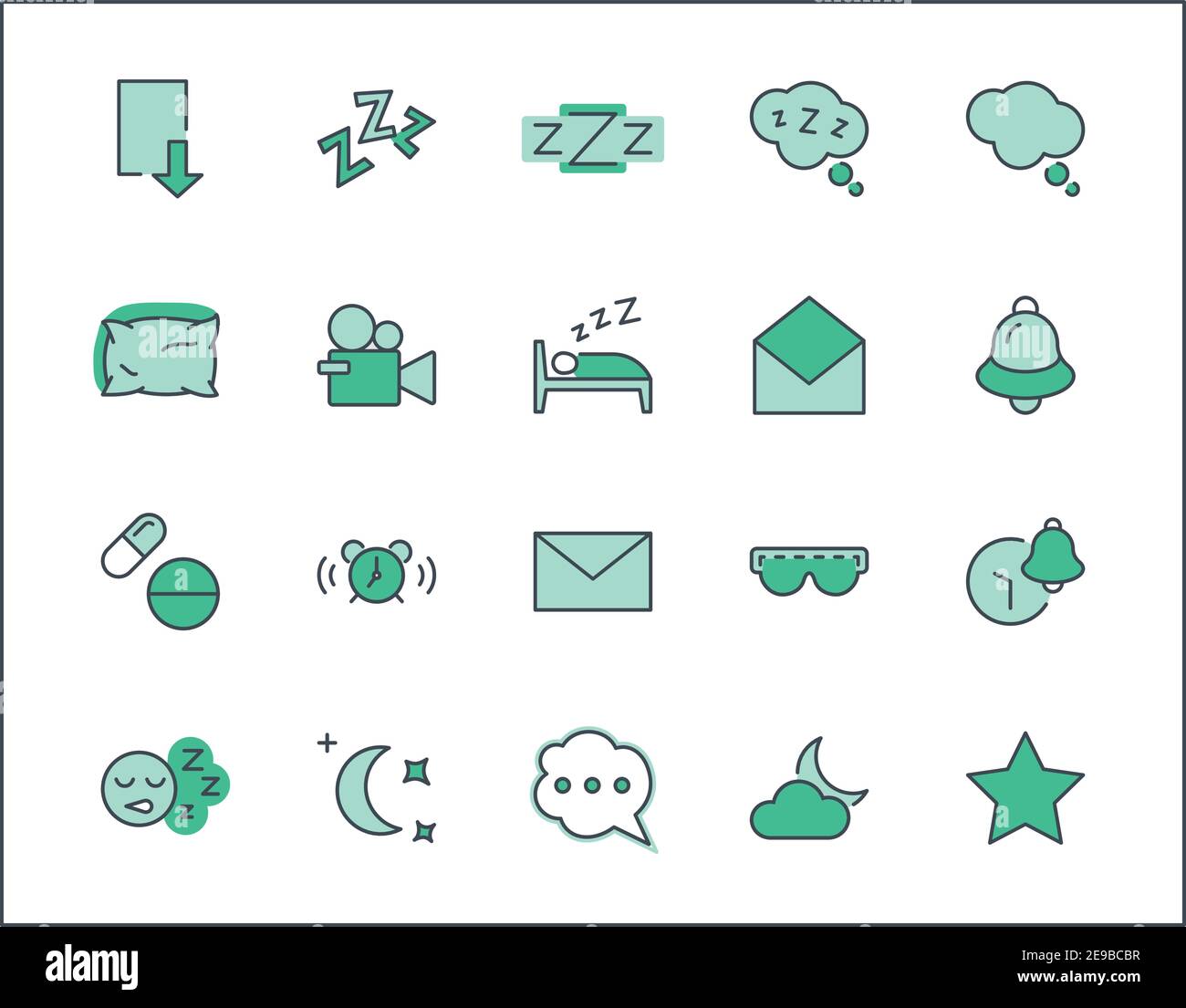 Sleep Vector Line - Symbole Festgelegt. Enthält Symbole wie Wecker, Bett, Insomnia, Kissen, Schlaftabletten, Bell, Brille für Schlaf, Blase und mehr. Bearbeiten Stock Vektor