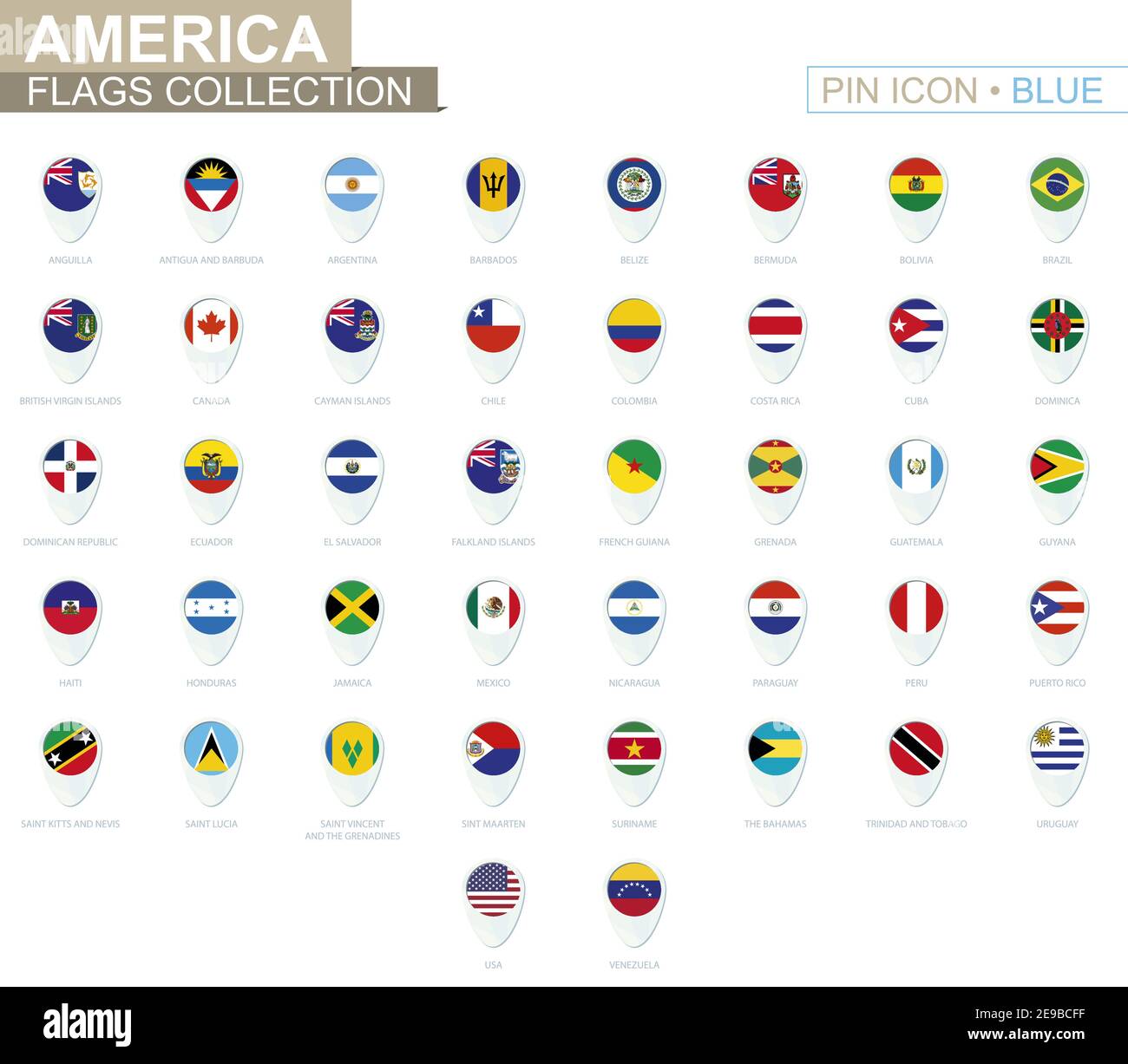 America Flags Kollektion. Großer Satz von blauen Pin-Symbol mit Fahnen der amerikanischen Länder. Vektorgrafik. Stock Vektor