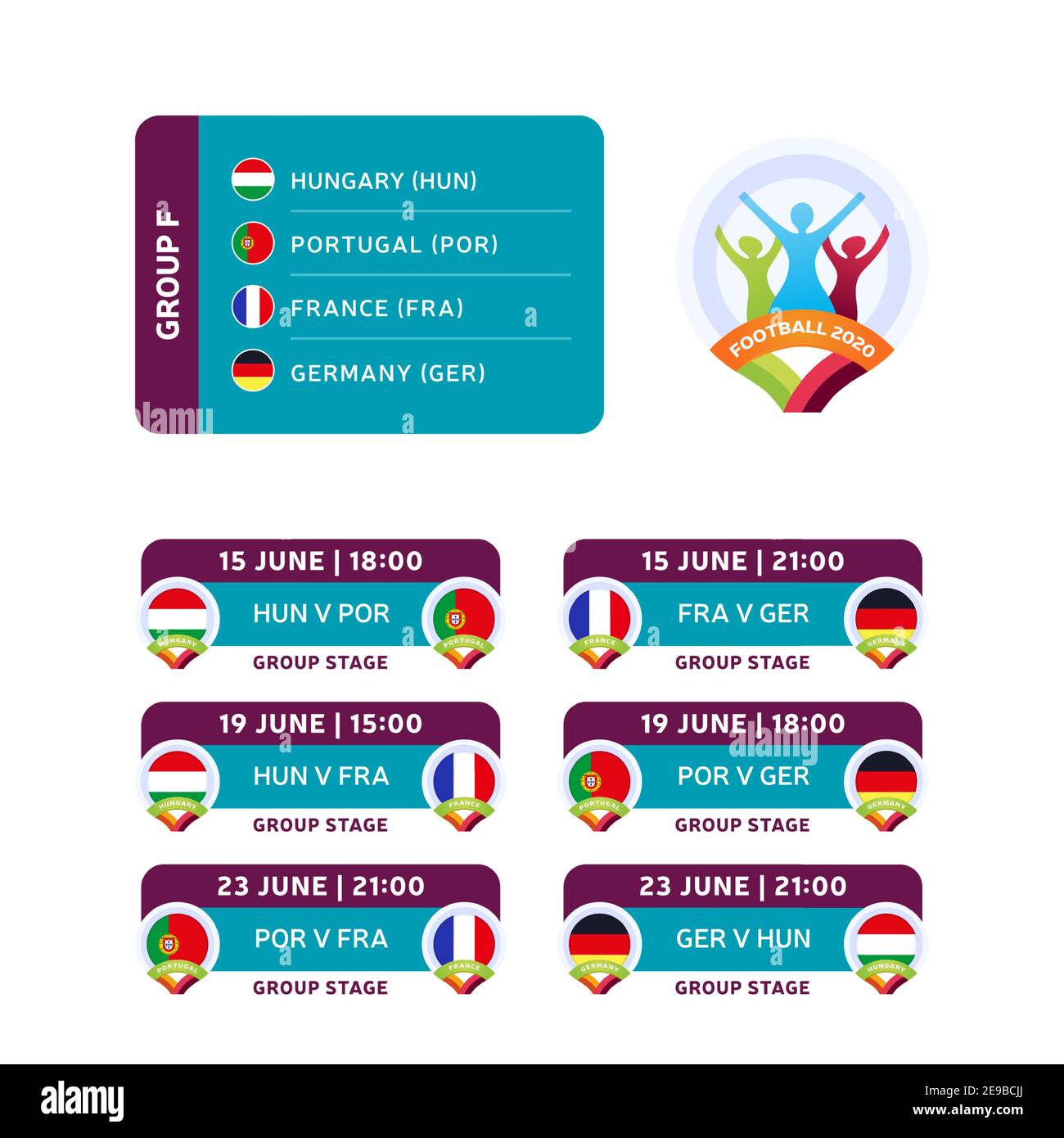 Fußball-2020-Turnier Endetappe Gruppe F Vektor Stock Illustration mit Spielplan. 2020 europäisches Fußballturnierspiel mit Hintergrund. Vektor Stock Vektor