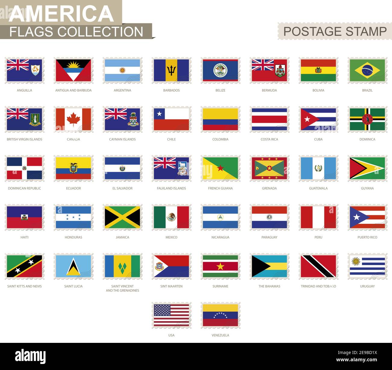 Briefmarke mit Amerika Fahnen. Set von 42 amerikanischen Flagge. Vektorgrafik. Stock Vektor