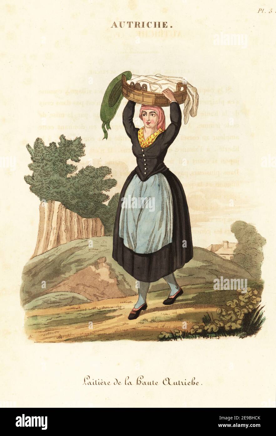 Milchmädchen von Oberösterreich, 18th Jahrhundert. In Wolle Mieder und Rock, blaue Schürze, rosa Schal, gelbes Tuch. Ihr Filzhut auf einem Tablett mit Butter auf ihrem Kopf. Laitiere de la Haute Autriche. Handkolorierter Kupferstich nach einer Illustration von William Alexander aus J-B. Eyries’ L'Autriche: Kostüme, Moeurs et Usages des Autrichiens, Österreich: Kostüme, Manners und Mores der Österreicher, Librairie de Gide Fils, Paris, 1823. Jean-Baptiste Eyries (1767-1846) war ein französischer Geograph, Autor und Übersetzer. Stockfoto