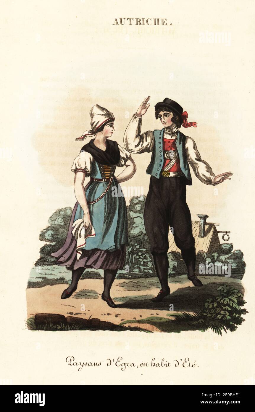 Bauern von Eger oder Eger, Böhmen (Tschechische Republik), im Sommerkleid, 18th. Jahrhundert. Sie trägt ein auf dem Kopf gebundenes Tuch, ärmelloses Oberteil, Petticoat, blaue Schürze. Paysans d'Egra en Habit d'ete. Handkolorierter Kupferstich nach einer Illustration von William Alexander aus J-B. Eyries’ L'Autriche: Kostüme, Moeurs et Usages des Autrichiens, Österreich: Kostüme, Manners und Mores der Österreicher, Librairie de Gide Fils, Paris, 1823. Jean-Baptiste Eyries (1767-1846) war ein französischer Geograph, Autor und Übersetzer. Stockfoto