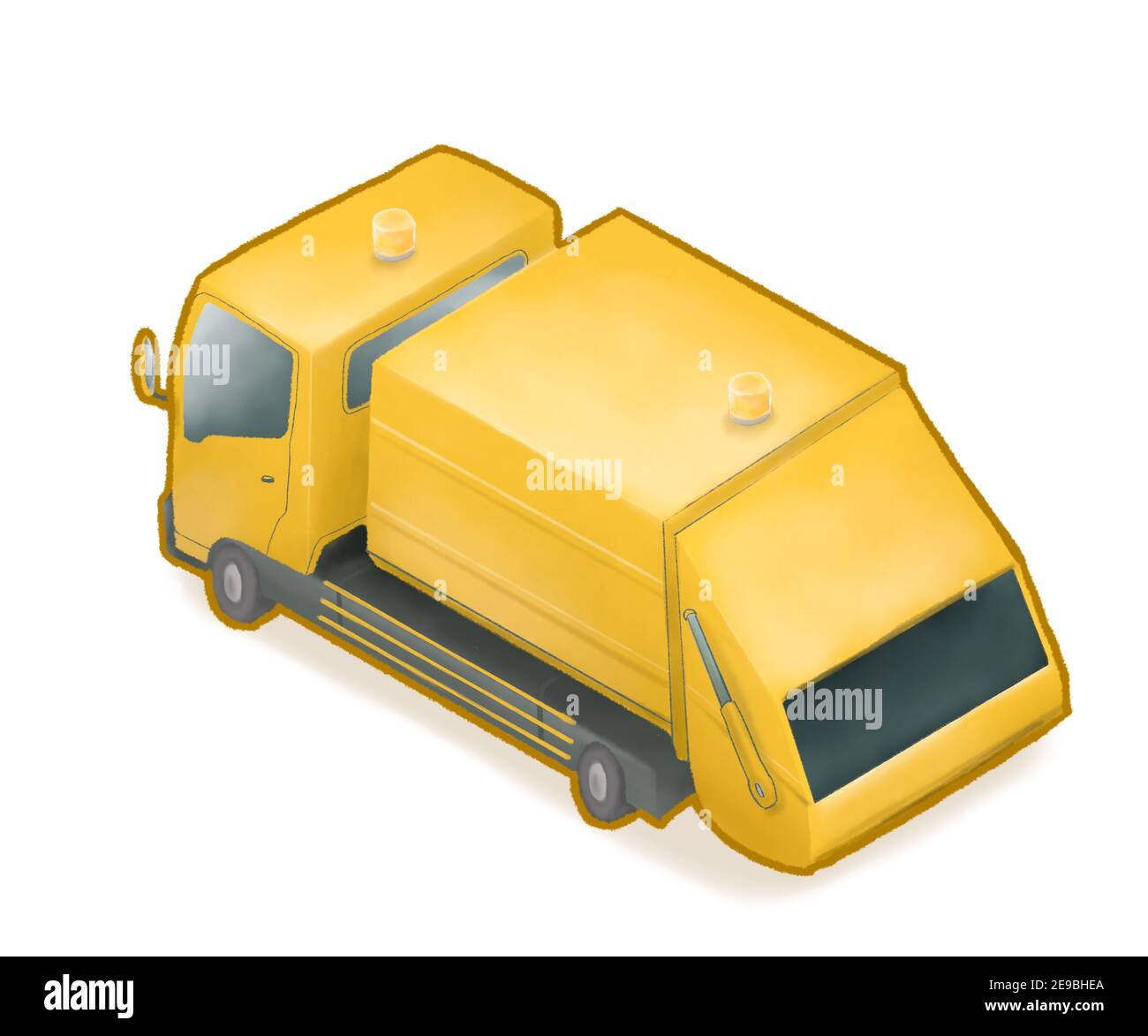 Gelbe Müll LKW Auto, eine digitale Malerei von Abfall Container Dump-LKW Fahrzeug isometrische Cartoon Symbol Raster Illustration isoliert auf weißem Backgr Stockfoto