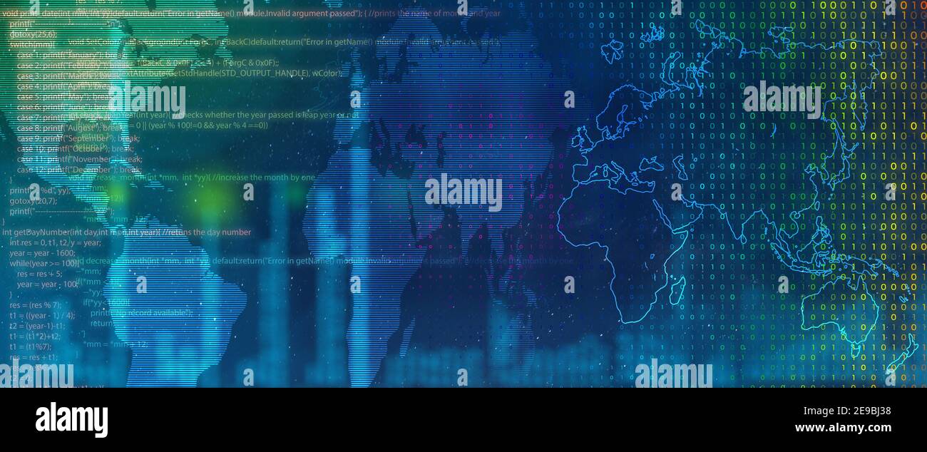 Abstract Business Information Technology Hintergrundkonzept. Code-Programmierung, Digital Binary und Weltkarte in blauer Farbe Hintergrund. Stockfoto