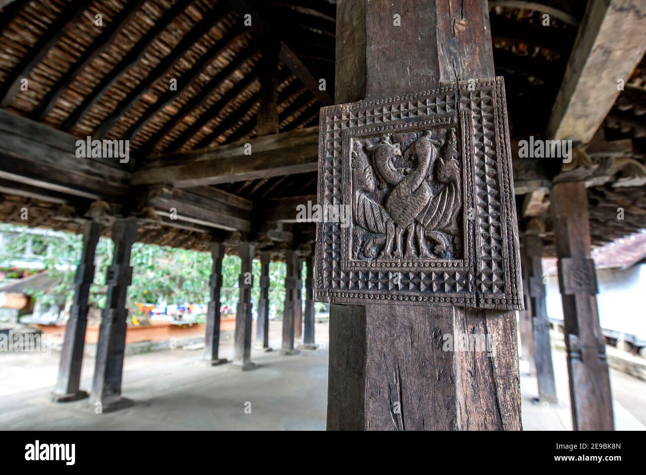 Eine alte Schnitzerei, die zwei Pfauen zeigt, die auf einer hölzernen Säule in der Grabe (Trommler-Pavillon) bei Embekke Devale in der Nähe von Kandy in Sri Lanka stehen. Stockfoto