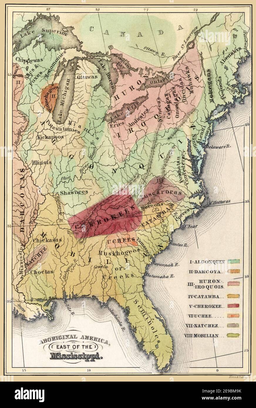 Indische Stammesgebiete in US-Oststaaten um 1600 Alte Karte. Originaltitel: 'Aboriginal America East of the Mississippi.' Dies ist eine verbesserte, restaurierte Reproduktion einer alten Karte, die Länder verschiedener Indianerstämme ab etwa 1600 zeigt. Karte veröffentlicht im 1840s. Schlüssel für Standorte der Indianerstämme. Stockfoto