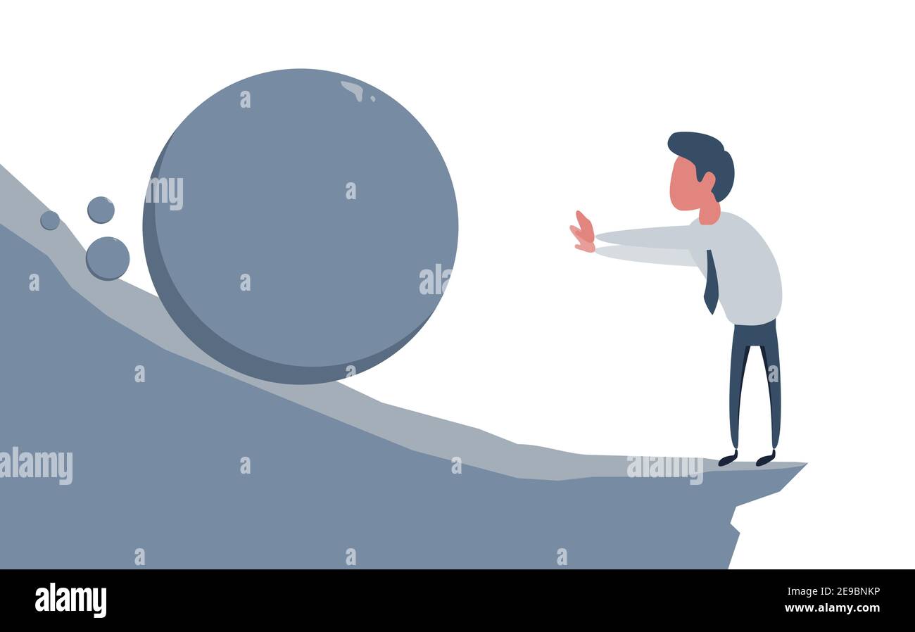 Geschäftsmann läuft weg von großen Stein mit Nachricht Schulden, die Rollen auf ihn. Vektorgrafik Stock Vektor
