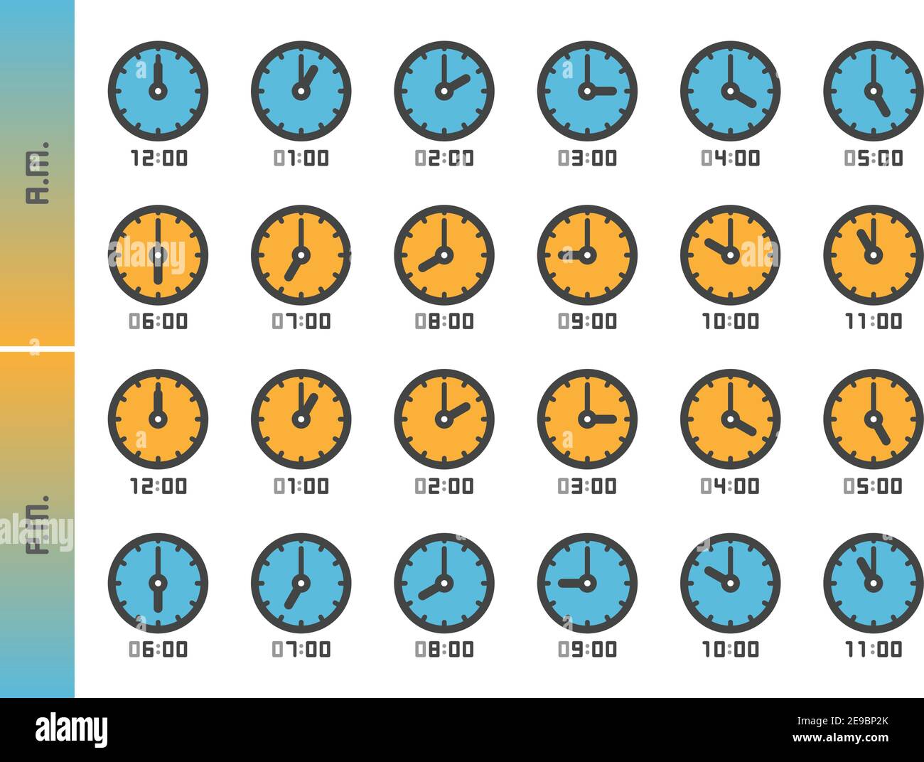 Analoge Uhr und Zeit 24 Stunden Symbolsatz, Vektor und Illustration Stock Vektor