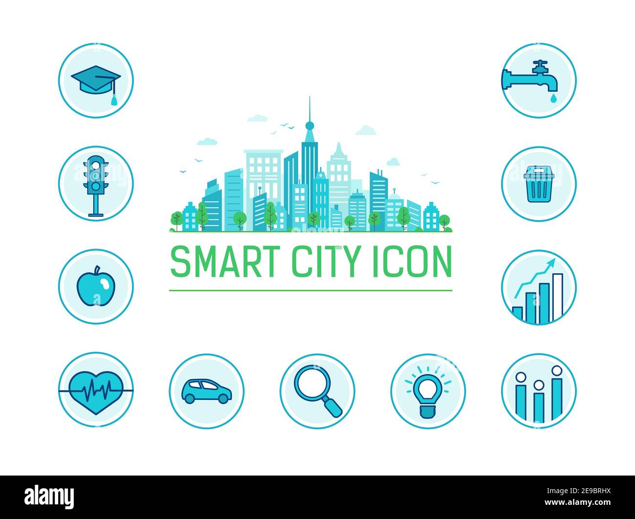 Smart City-Informationen. Moderne blaue Stadt. Vektor-Infografiken gefüllt linearen Symbol Stil. Online-Apotheke, Bildung und Lebensmittel. Stock Vektor