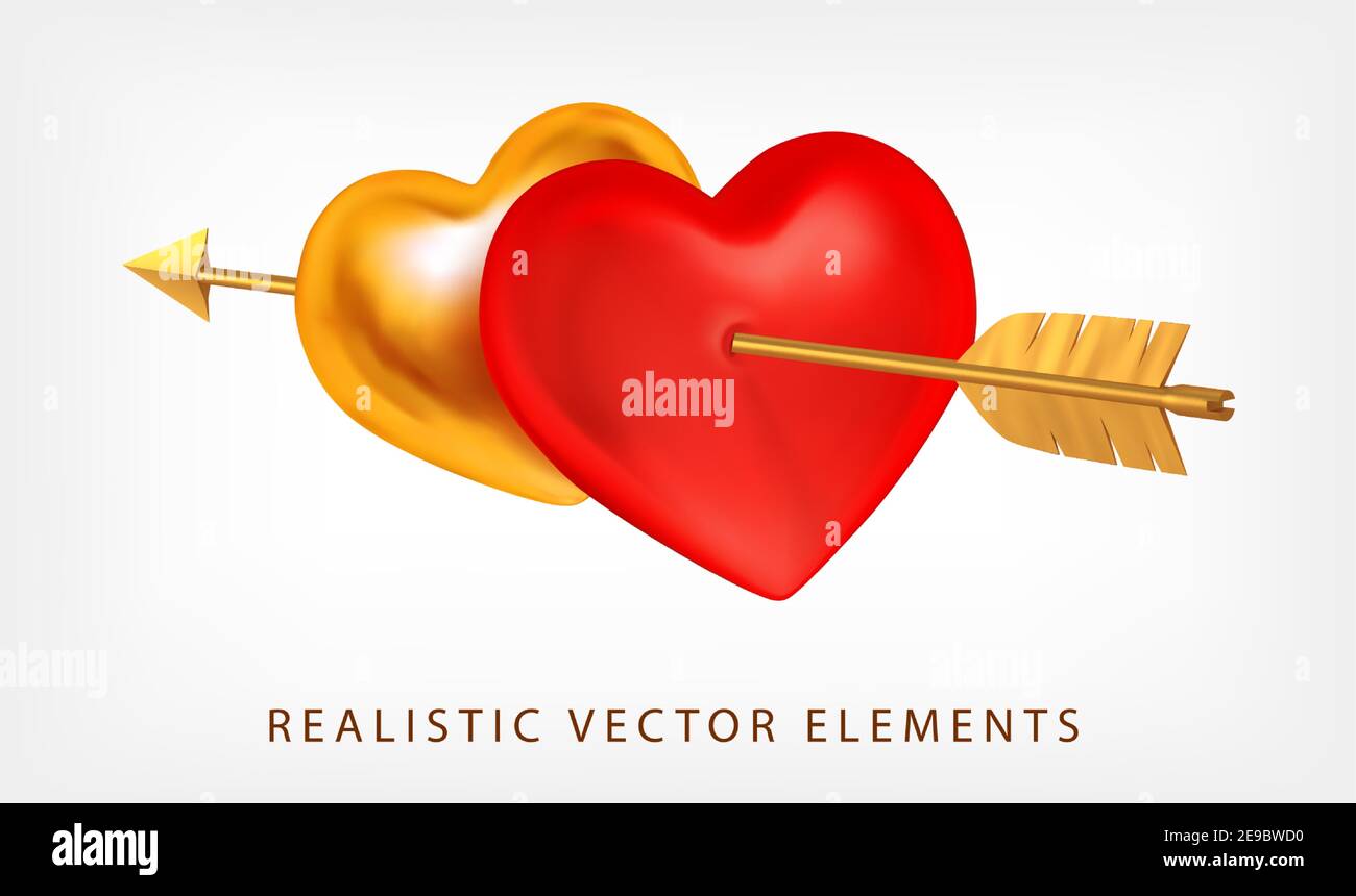 Paar rote und goldene Herzen durchbohrt von Amors goldenem Pfeil isoliert. 3D realistische Vektordarstellung. Valentinstag Luxus Dekoration für Banner Stock Vektor