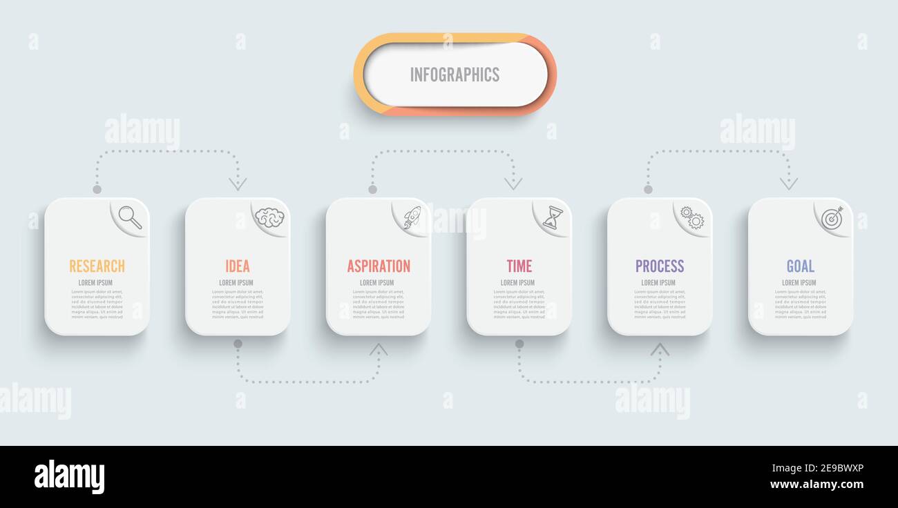 Vektor-Infografik-Vorlage mit Symbolen und 6 Optionen oder Schritten. Infografiken für das Geschäftskonzept. Kann für Präsentationen Banner, Workflow verwendet werden. Stock Vektor
