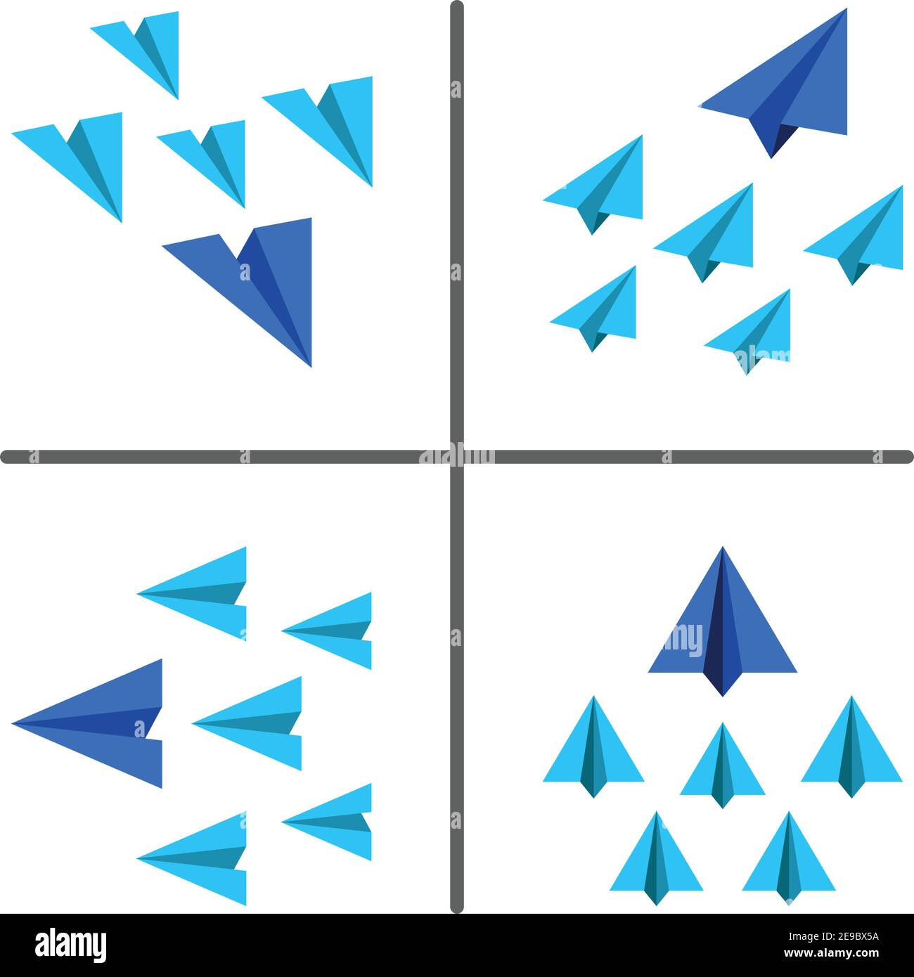 Blaues und hellblaues Papierflugzeug, das auf die gleiche Weise fliegt, geschäftlich Und Führungskonzept, Papierebene konzeptionelle Illustration und Vektor-Set Stock Vektor