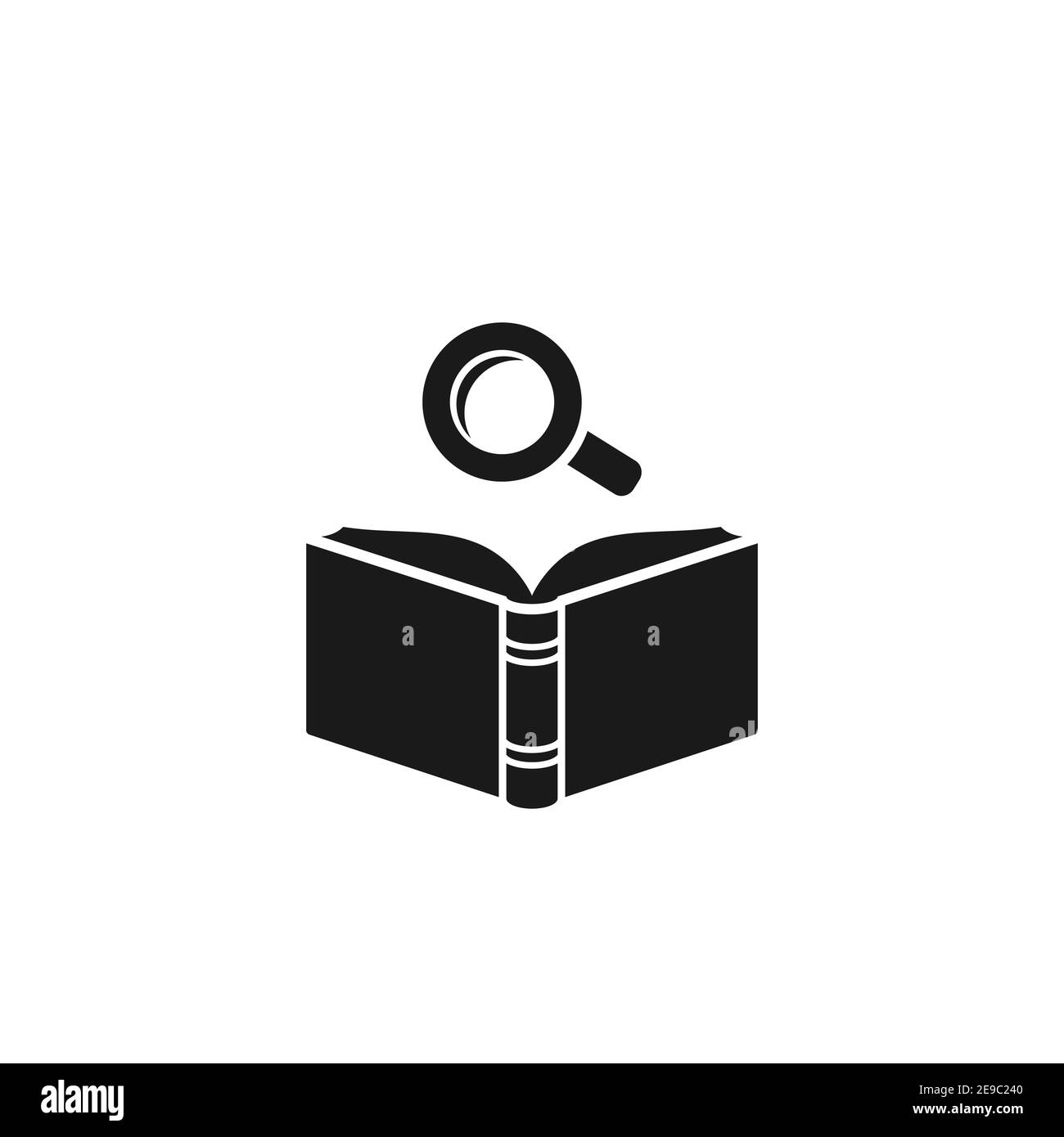 Lupe Glas und Buch isoliert auf weiß. Schaltfläche „Suchen“ für Webseiten. Vektorgrafik. Flaches Piktogramm. Symbol für die Buchsuche. Bibliothekssymbol. Schwarz Stock Vektor