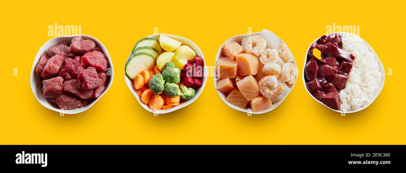 Tierernährung in einer Überkopfposition in einigen Schalen auf gelbem Hintergrund in einem flachen Lay.Rindfleisch und vegane Ernährung für Hunde und Katzen. Stockfoto