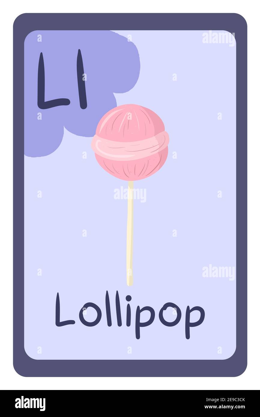 ABC Bildung Flash-Karte in Cartoon-Stil auf bunten Hintergrund. Buchstabe L - Lollipop. Pink Candy auf Stick. Vektorgrafik Alphabet. Stock Vektor