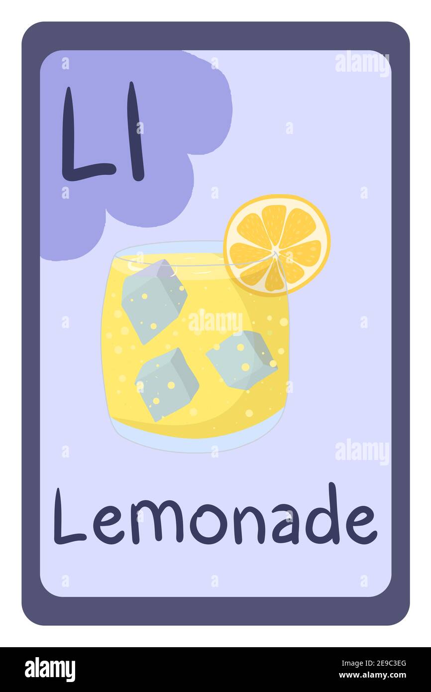 ABC Bildung Flash-Karte in Cartoon-Stil auf bunten Hintergrund. Buchstabe L - Limonade. Kalter Sommer trinken aus den Früchten des Zirus mit Eis. Vektorgrafik Alphabet. Stock Vektor