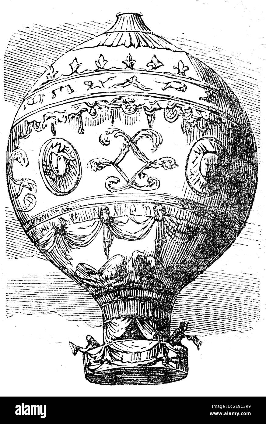 Ballon für die erste Flugreise von Pilatre de Rozier und d'Arlande führte Pilatre am 21. November 1783 die erste freie Ballonfahrt in der Geschichte der Menschheit durch. Während des 25-minütigen Fluges schwebten er und Francois d'Arlands 10 km nach dem Start / Ballon für die erste Luftreise von Pilatre de Rozier und d'Arlande, am 21. November 1783 führte Pilatre die erste Freiballonfahrt in der Geschichte der Menschheit durch. Bei der 25-minütigen Fahrt schweben er zusammen mit Francois d’Arlands nach dem Start 10 km, Historisch, historisch, digital verbesserte Reproduktion eines Originals aus dem Jahr 19th Stockfoto