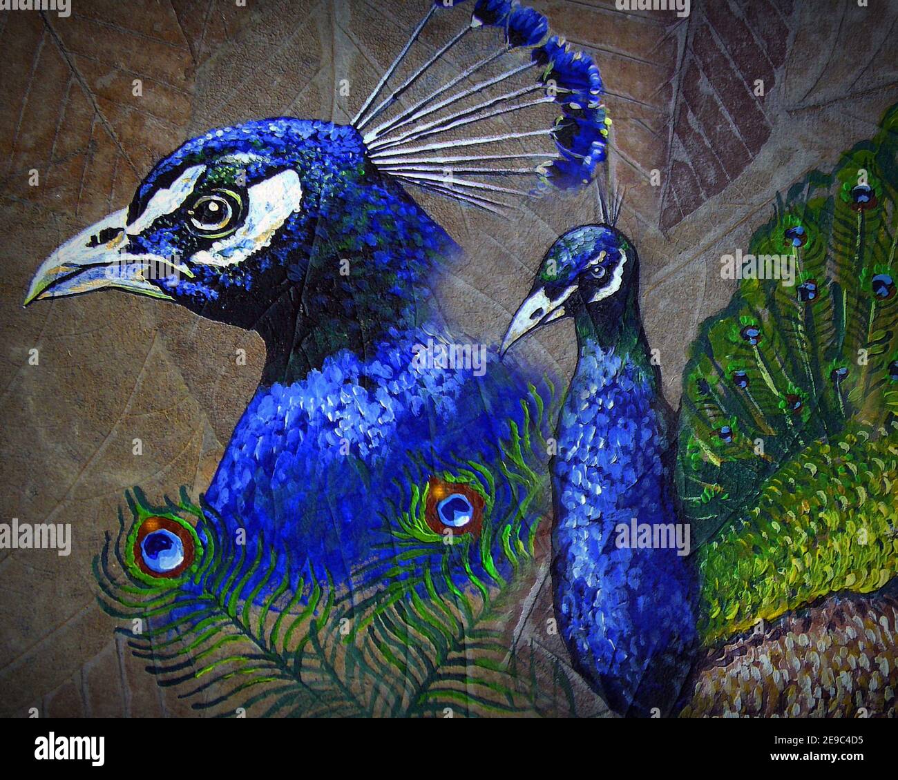 Originales Ölgemälde, süßer Pfauenvogel und Pfauenvogel Stockfoto