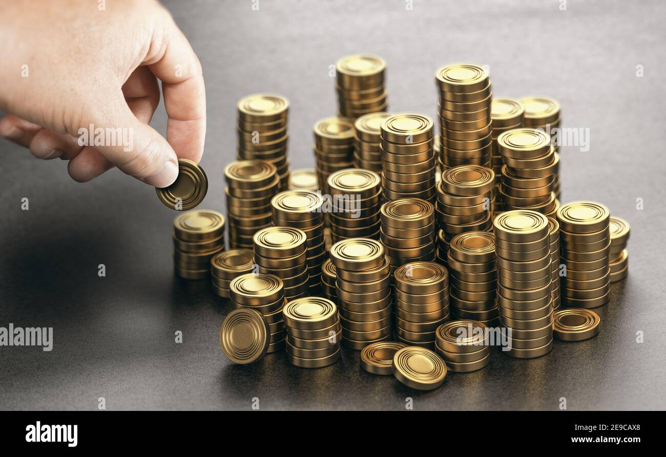 Menschliche Hand stapeln viele goldene Münzen auf schwarzem Hintergrund. Konzept der Einkommensersparnis und Wohlstand. Zusammengesetztes Bild zwischen einer Handfotografie und einer 3D Stockfoto