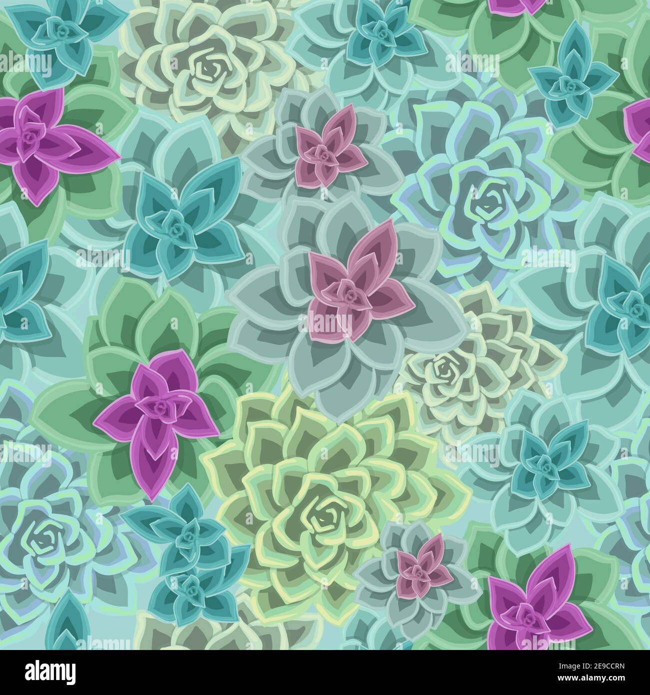 Aquarell Sukkulenten Muster. Nahtlose Textur mit Objekten: Pflanzen, Sukkulenten, Steine. Handbemalter Vintage Gartenarbeit Hintergrund. Vector florale Rückseite Stock Vektor