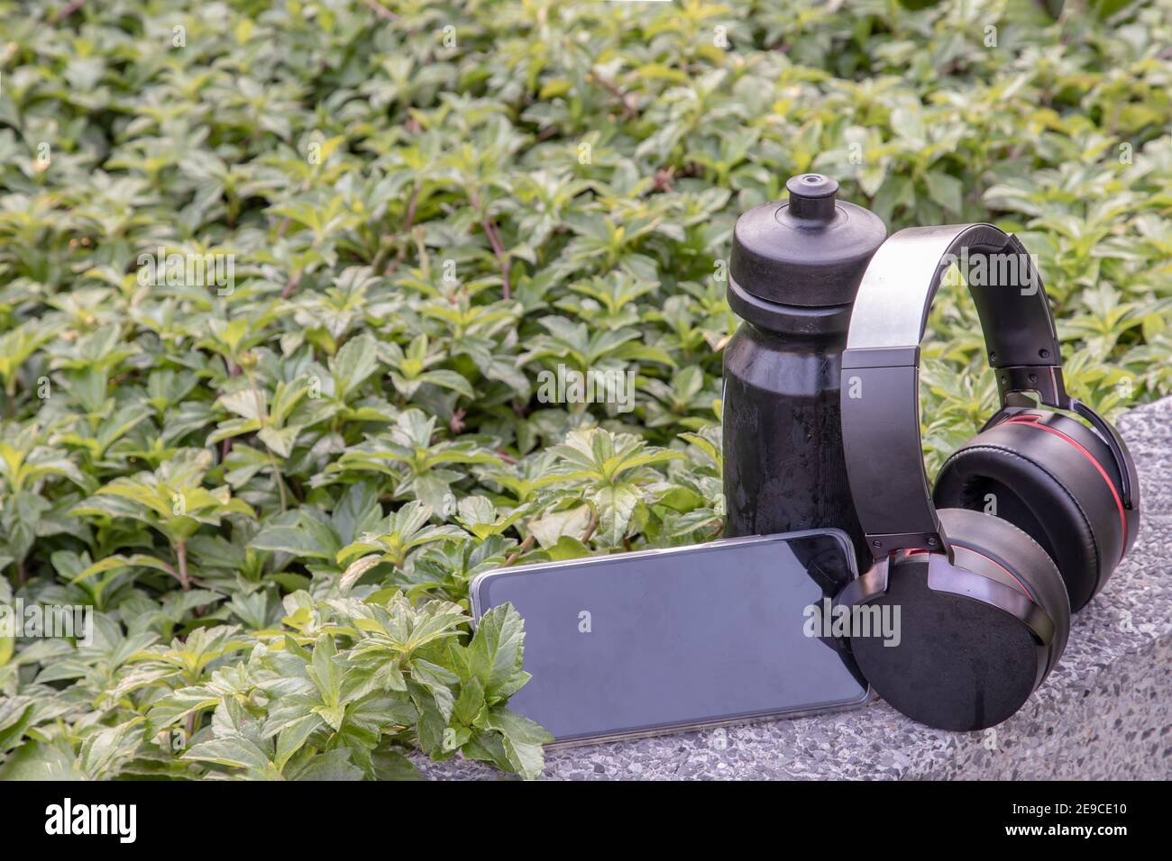 Komposition von Smartphone und Kopfhörer zum Hören von Musik und Wasserflasche auf natürlichem grünem Hintergrund in der Ruhezeit platziert. Persönliche devi Stockfoto