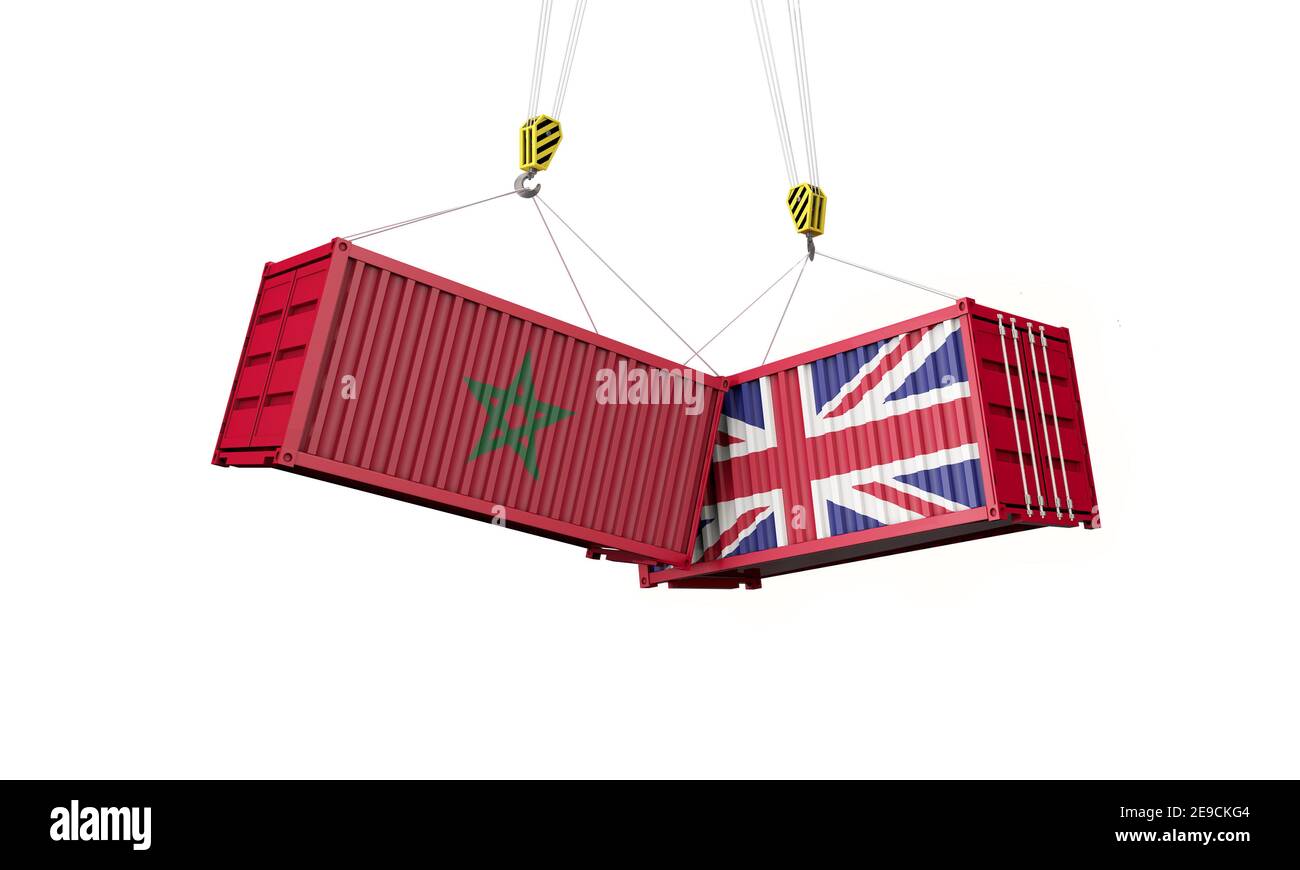 Handelsabkommen zwischen Großbritannien und marokko. Zusammenprallen von Frachtcontainern. 3D Rendern Stockfoto
