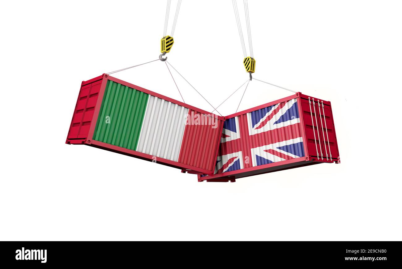 Handelsabkommen zwischen Großbritannien und italien. Zusammenprallen von Frachtcontainern. 3D Rendern Stockfoto